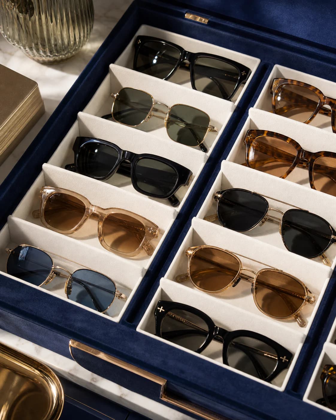 Concept image of sunglasses arranged on a display tray